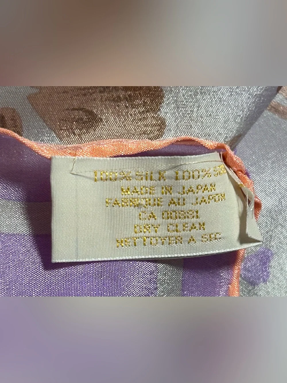Vintage Elaine Gold Hand rolled Silk Scarf Floral Purple Coral 31
